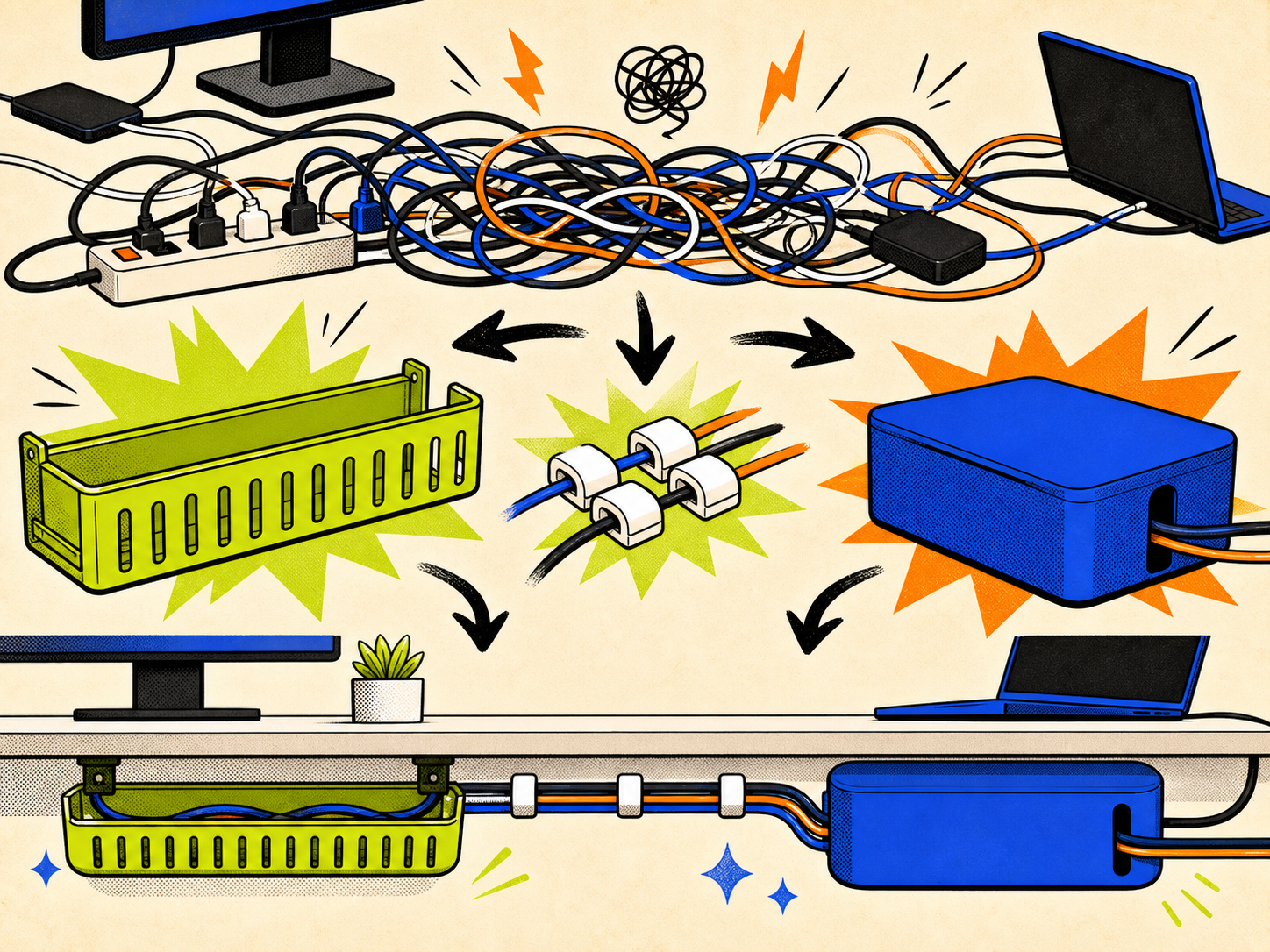 Illustrated cable management tools beside a tangled desk